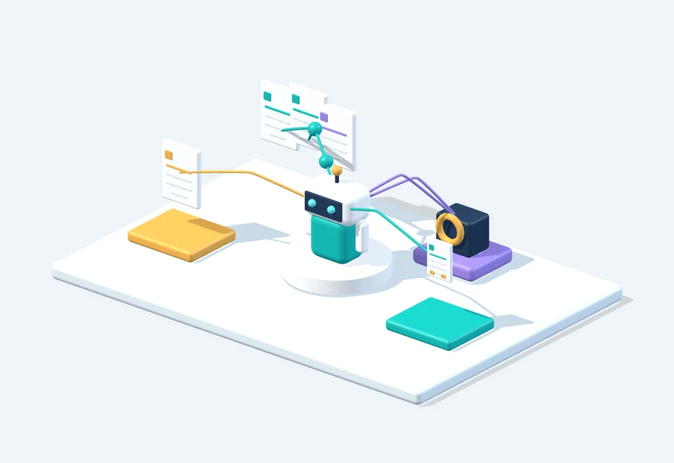 An AI assistant surrounded by source documents, a question, a referenced answer and a separate permitted tool station.