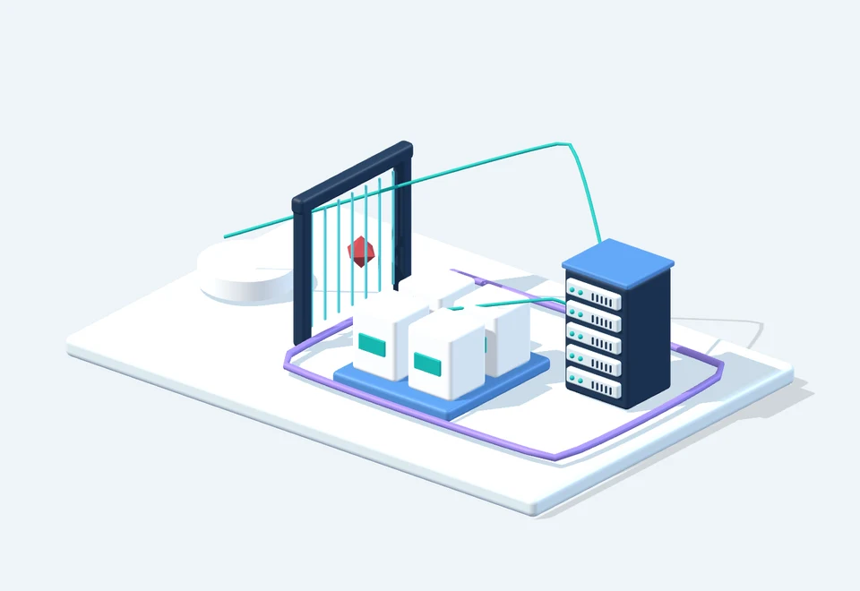 A cloud platform with a gateway, a visible security boundary, containers and a service; a red request stops outside the boundary.