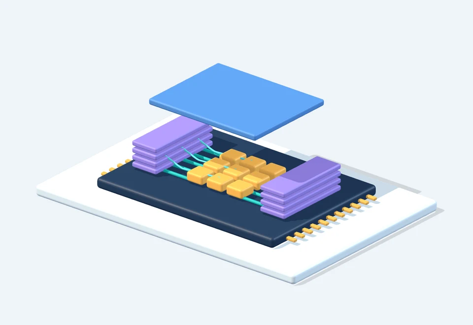 An exploded chip package reveals gold compute tiles, purple memory stacks and teal interconnect paths on a circuit board.